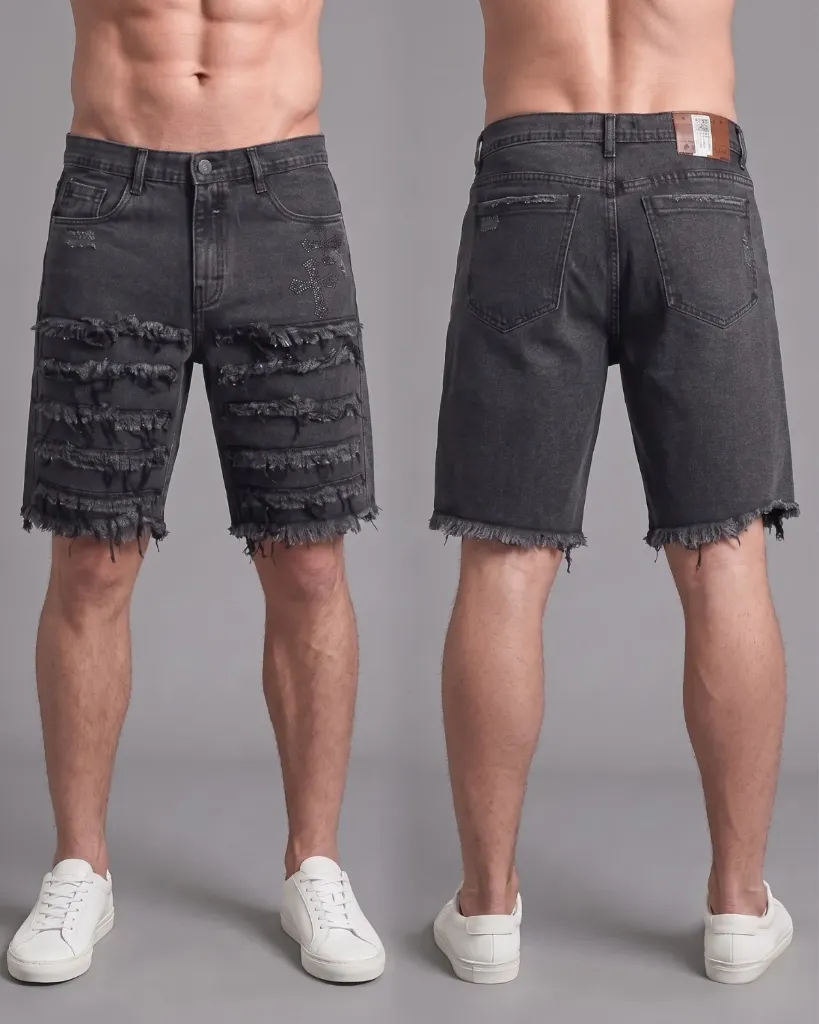 [HJ-001779-28-GRIS] Bermuda rigida gris doble cruz deshilachada llana (28)