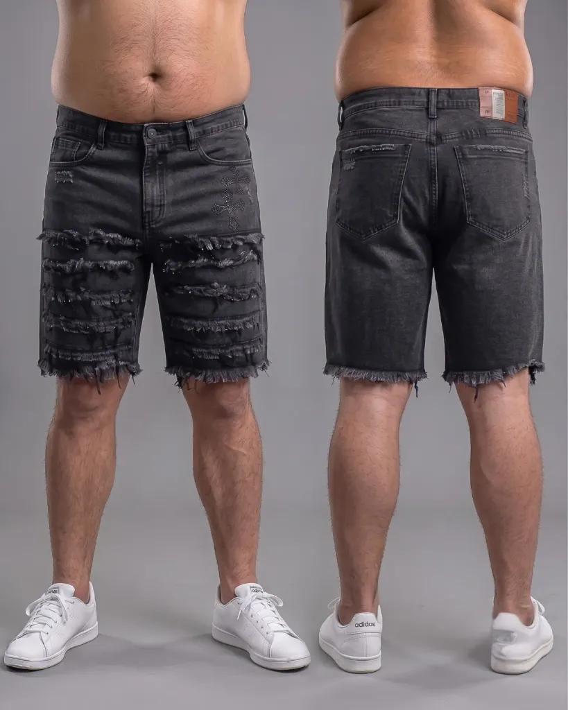 [HJ-001780-38-GRIS] Bermuda rigida gris doble cruz deshilachada llana plus