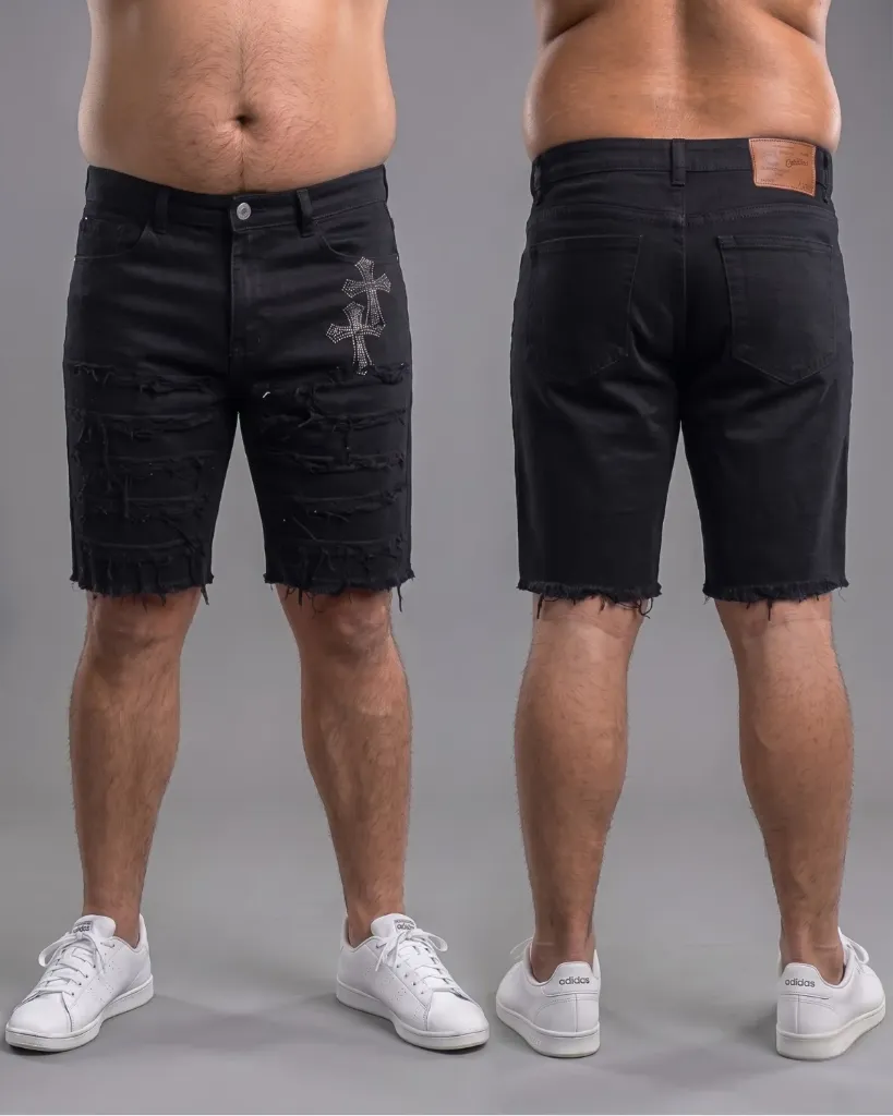 [HJ-001782-38-NEGRO] Bermuda rigida negra doble cruz deshilachada llana plus