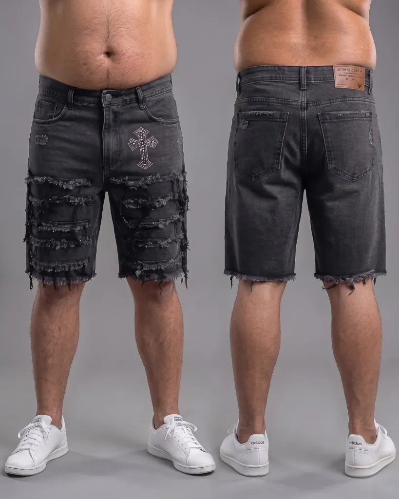 [HJ-001788-38-GRIS] Bermuda rigida gris cruz deshilachada mototool plus