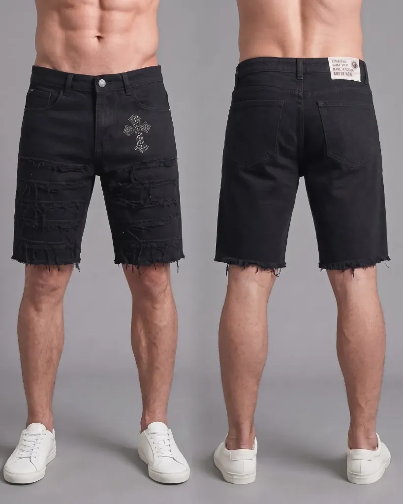 [HJ-001789-28-NEGRO] Bermuda rigida negra cruz deshilachada llana (28)