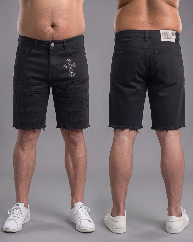 [HJ-001790-38-NEGRO] Bermuda rigida negra cruz deshilachada llana plus