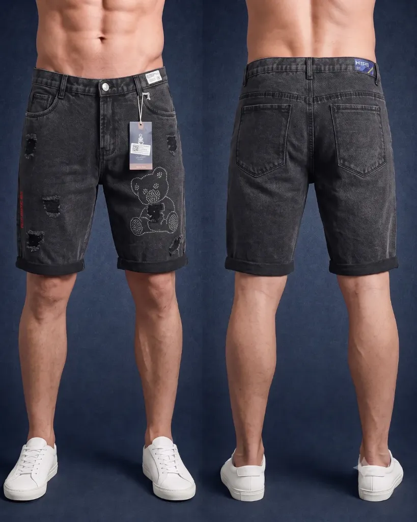 [HJ-001953-36-FROSTEADO-OSCURO] Bermuda rigida frosteado oscuro con diseño de oso