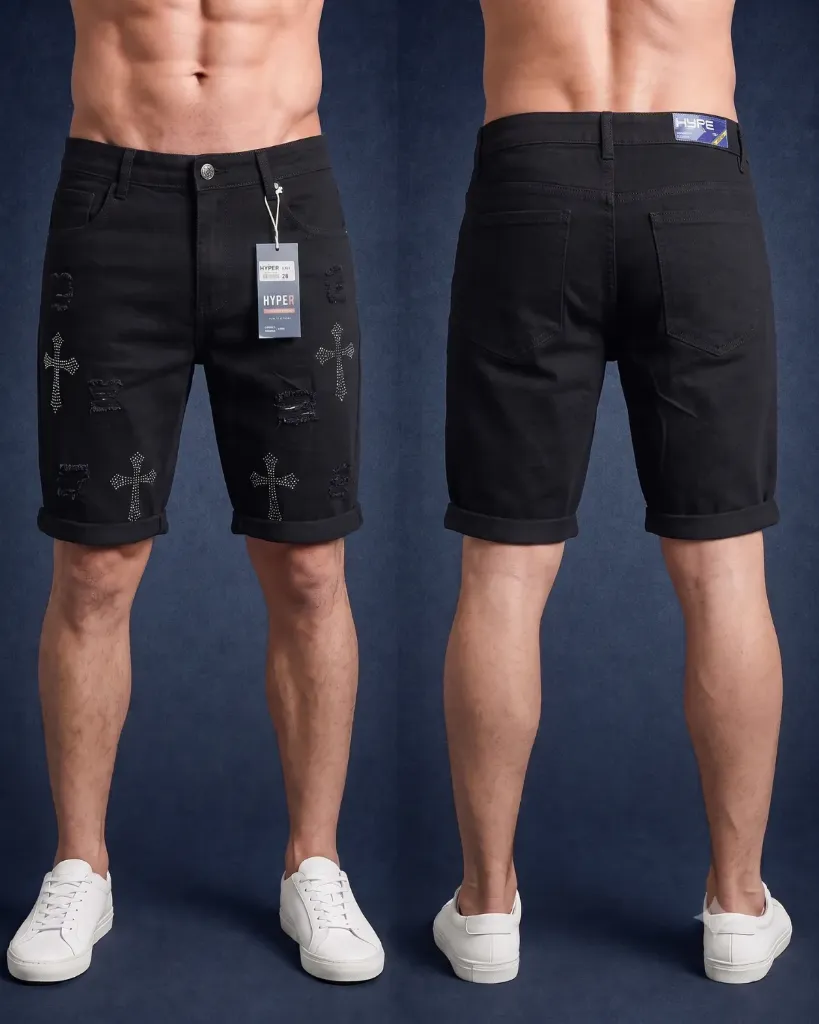 [HJ-001949-32-NEGRO] Bermuda rigida negra con diseño de cruz (32)