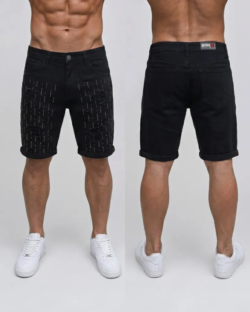 [HJ-002035-32-NEGRO] Bermuda rigida negra con diseño de lluvia