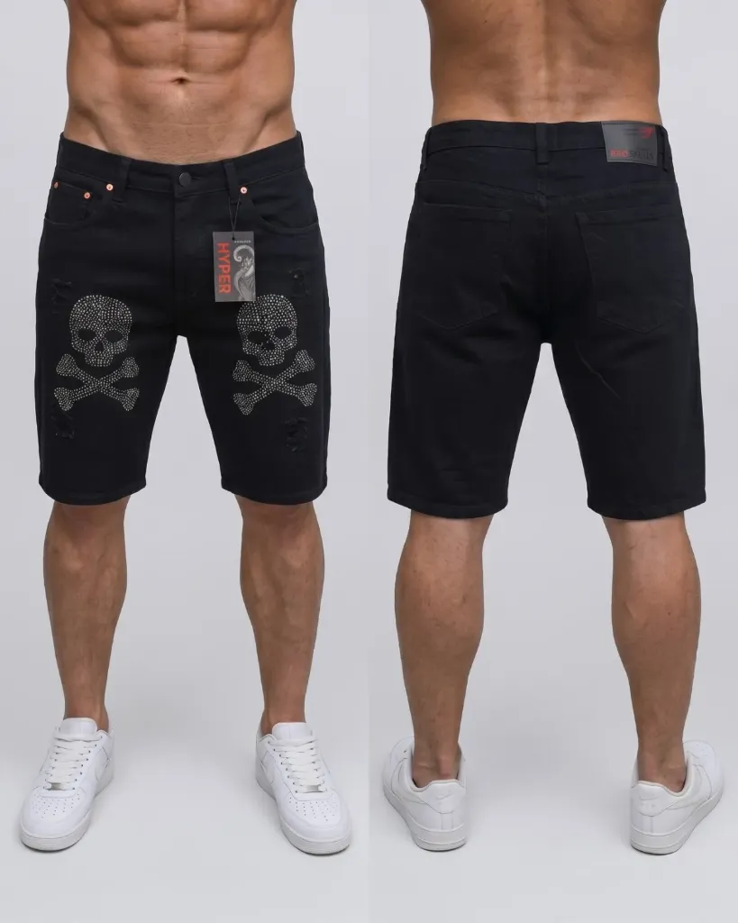 [HJ-001952-32-NEGRO] Bermuda rigida negra con diseño de calavera (32)