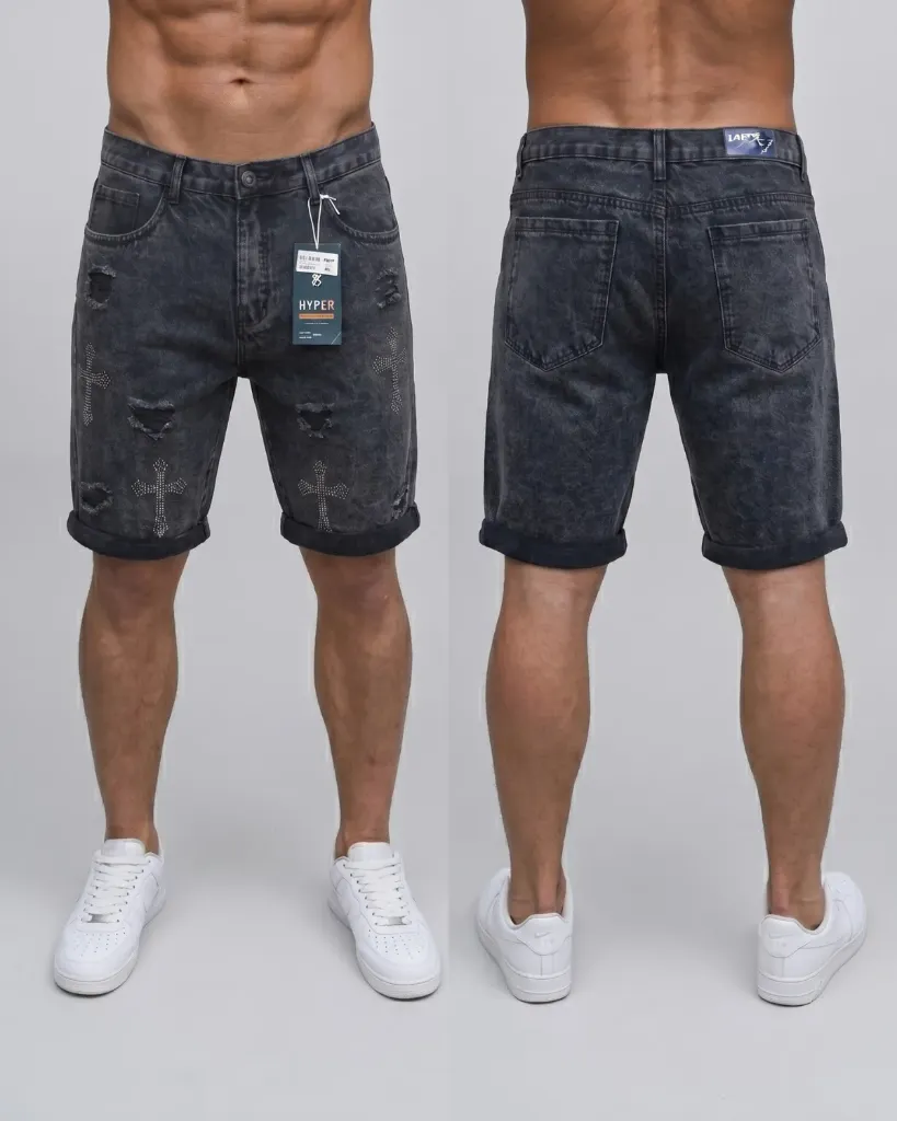 [HJ-002036-32-FROSTEADO-OSCURO] Bermuda rigida frosteado oscuro con diseño de cruz