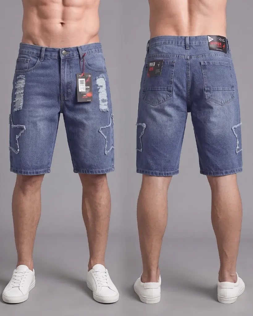 [HJ-002228-30-AZUL-CLARO] Bermuda rigida rasgada con diseño de estrella (30)