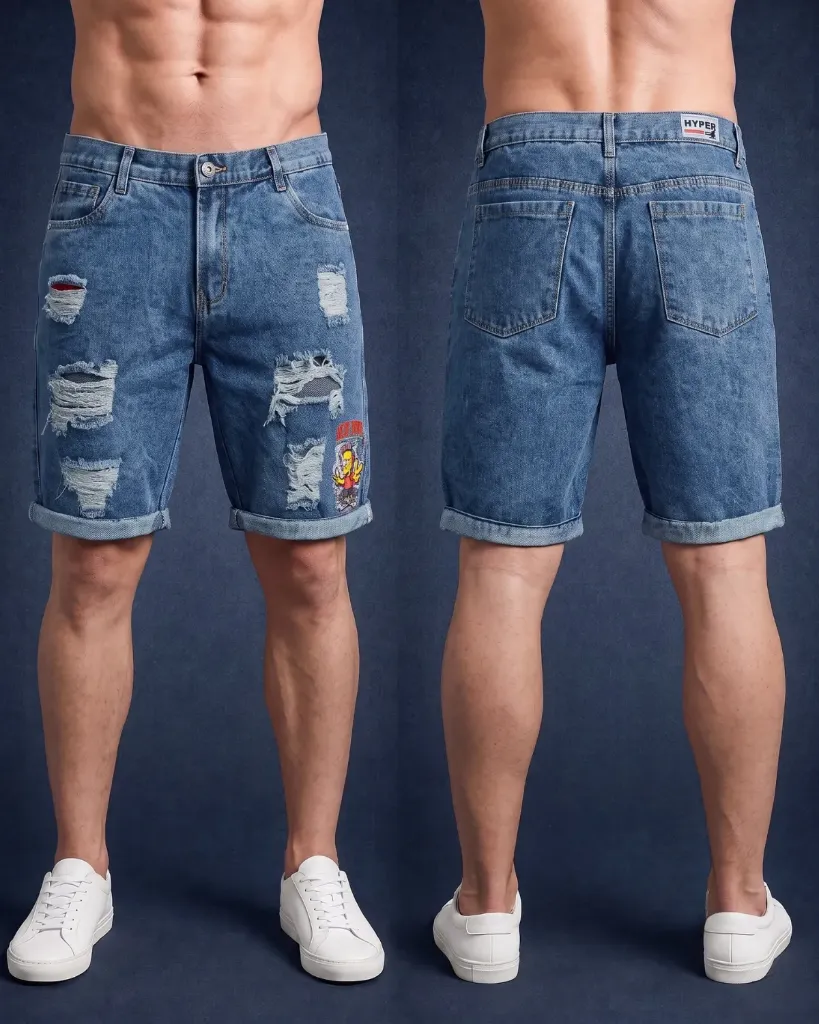 [HJ-001403-30-AZUL-3] Bermuda rigida rasgada estampada (30)