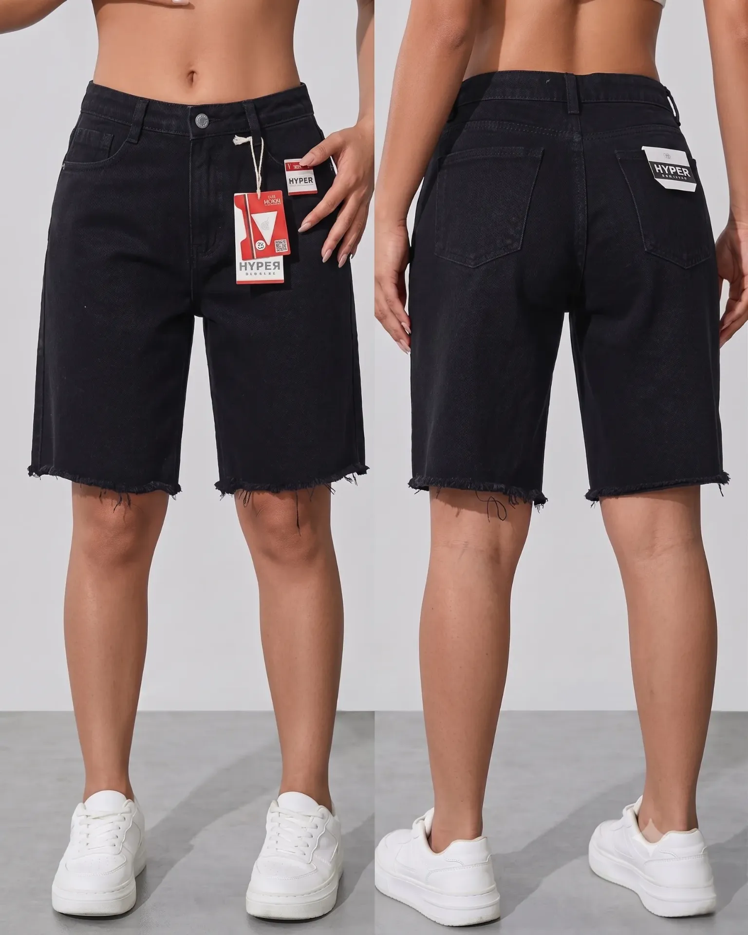 [HJ-002412-10-NEGRO] Bermuda rigida llana con flecos (10, Negro)