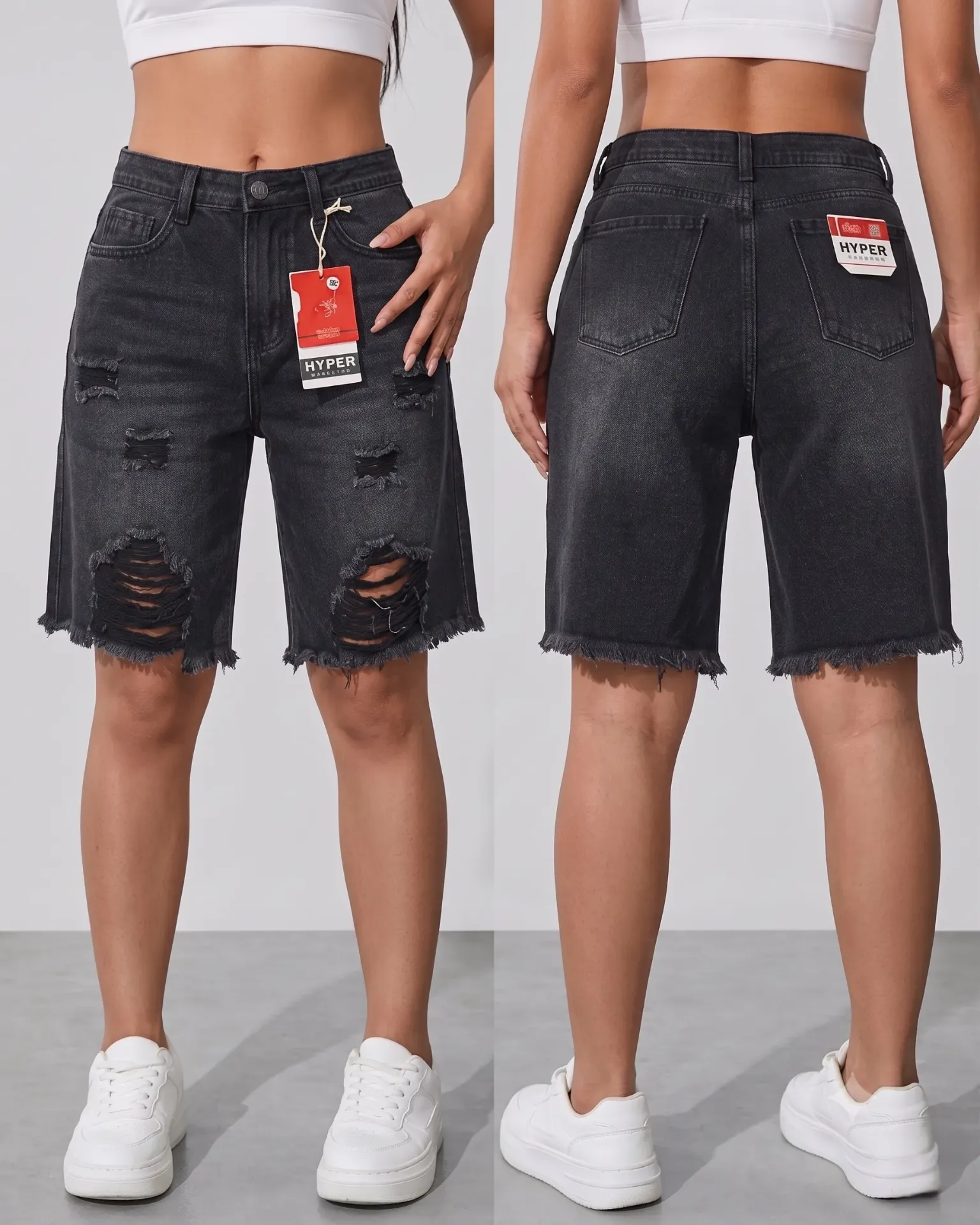 [HJ-002413-10-PLOMO] Bermuda rigida rasgada con flecos (10)