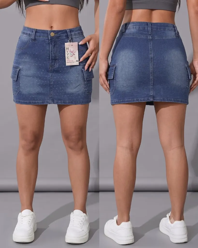 [HJ-002432-8-AZUL-MEDIO] Falda short strech cargo con brillos (8, Azul medio)