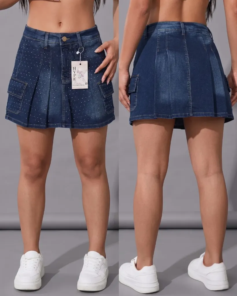 [HJ-002433-8-AZUL-OSCURO] Falda short strech plisada cargo con brillos (8, Azul oscuro)