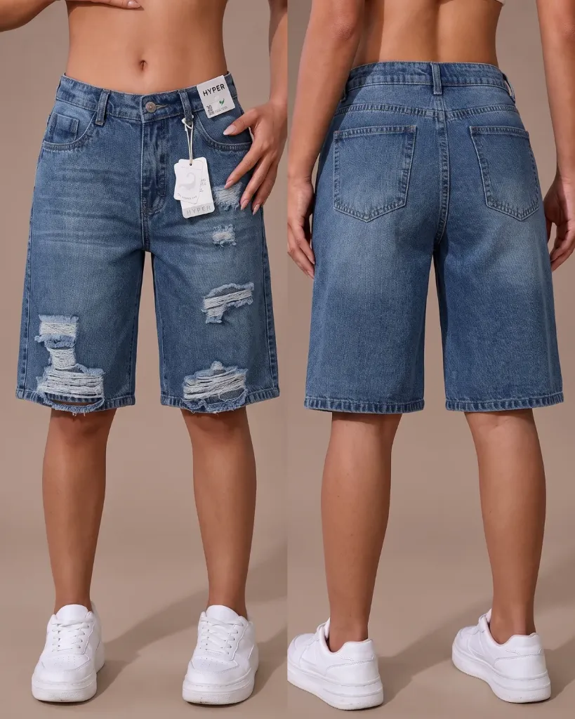 [HJ-002441-10-AZUL-2] Bermuda jeans rigida rasgada (10, Azul #2)