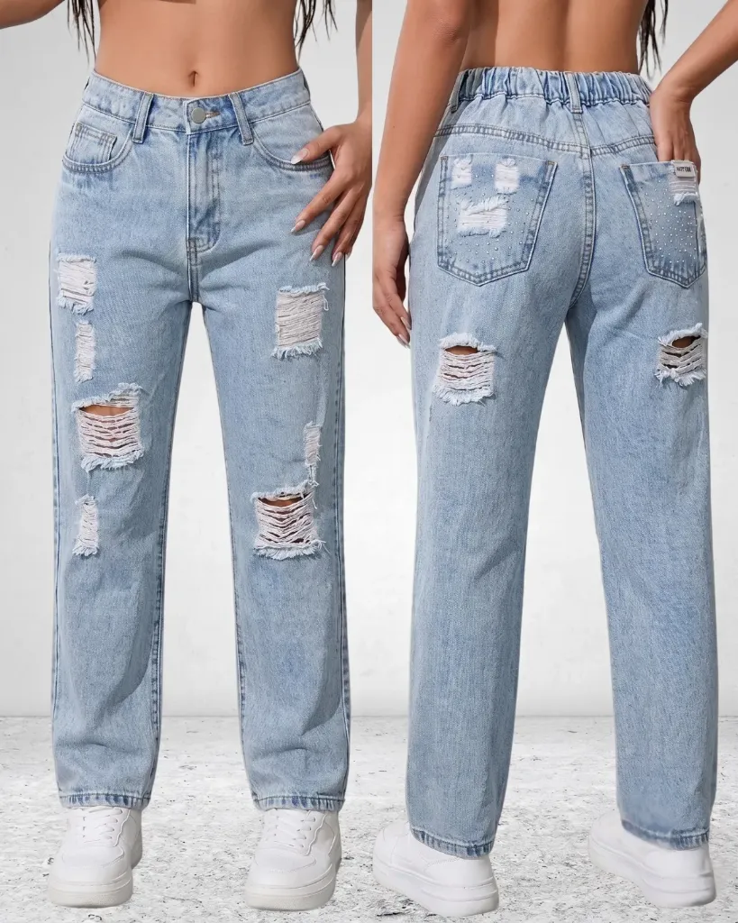 [HJ-002451-8-CELESTE] Liquidación mom jeans rigido rasgado con elastico y brillos posteriores (8, Celeste)