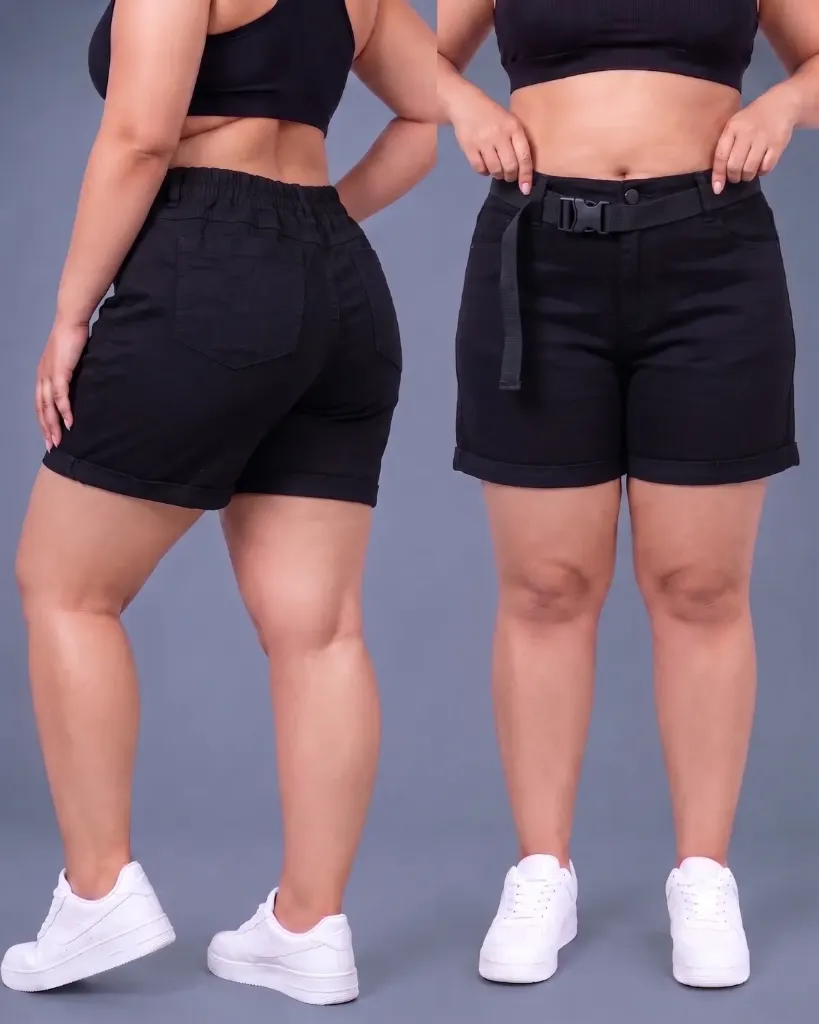 [HJ-002461-18-NEGRO] Short strech con elástico y cinturón plus (18, Negro)