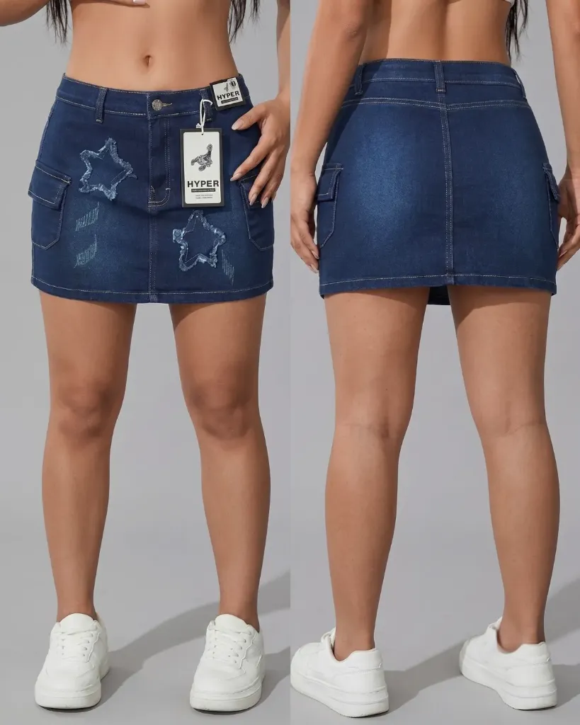 [HJ-002501-10-AZUL-2] Falda short strech cargo con diseño de estrella (10, Azul #2)