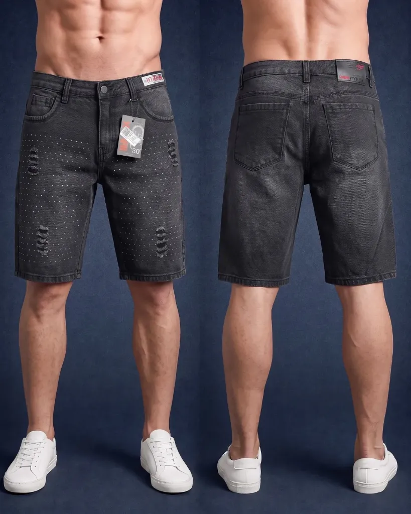 [HJ-002507-30-NEGRO] Bermuda rigida rasgada con brillos (30, Negro)