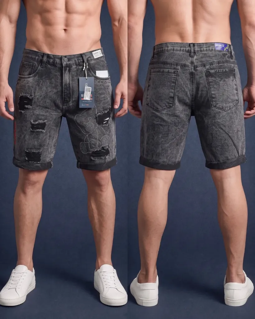 [HJ-002509-30-PLOMO] Bermuda rigida rasgada con diseños de oso (30, plomo)
