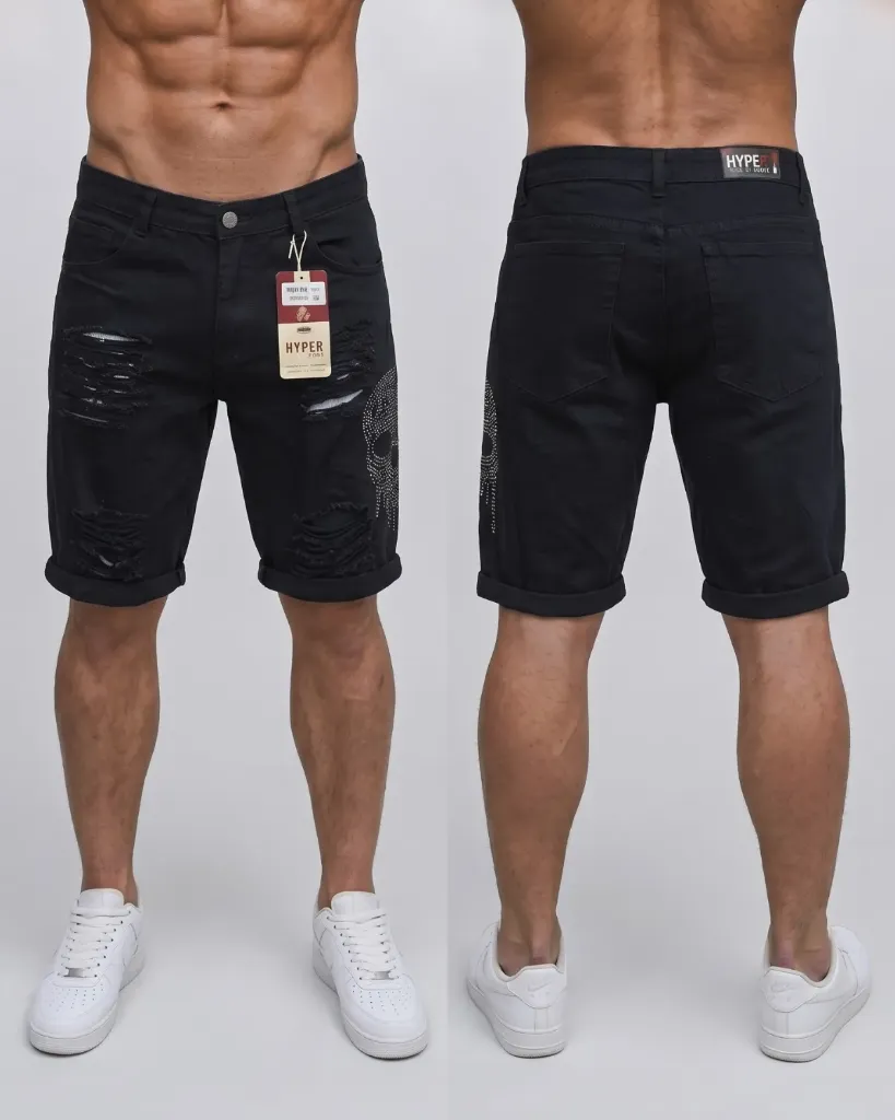 [HJ-002510-30-NEGRO] Bermuda rigida rasgada con diseños de calavera (30, Negro)