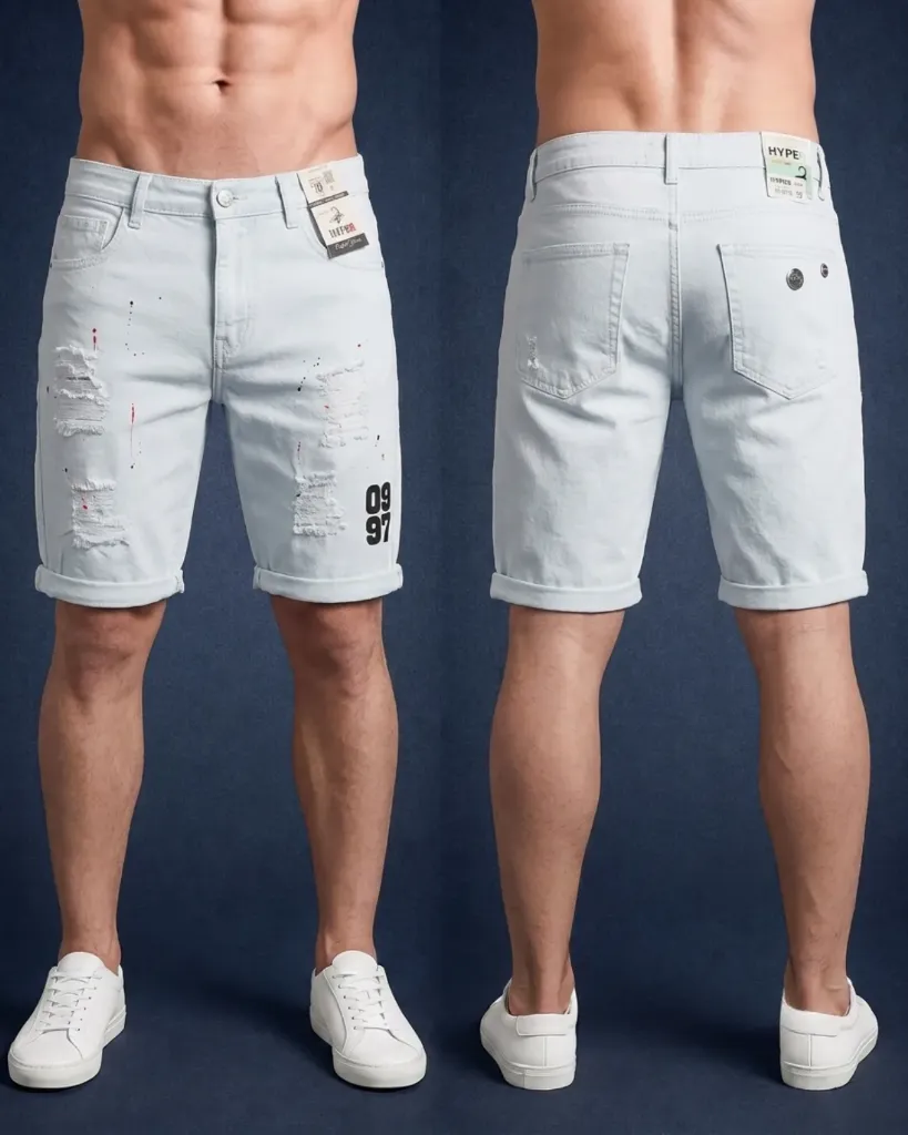 [HJ-002313-30-BLANCO] Bermuda rigida rasgada estampada con manchas de pintura (30)