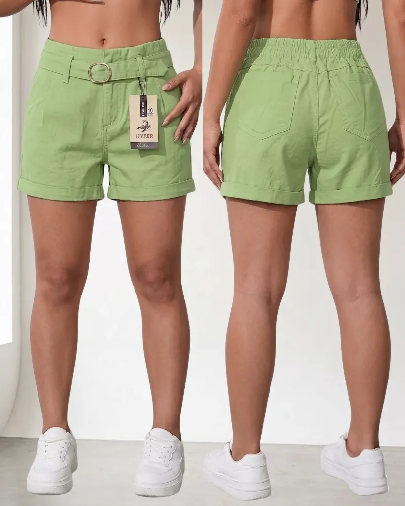 [HJ-002534-10-VERDE-LIMON] Short gabardina strech con elastico y cinturón (10, Verde limon)