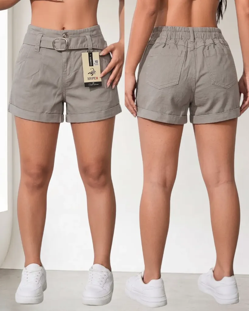 [HJ-002534-10-BEIGE] Short gabardina strech con elastico y cinturón (10, Beige)