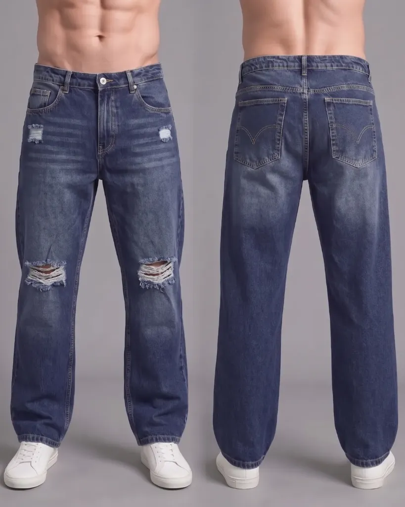 [HJ-002341-34-AZUL-2] Baggy rigido con rasgado en la rodilla (34, Azul #2)
