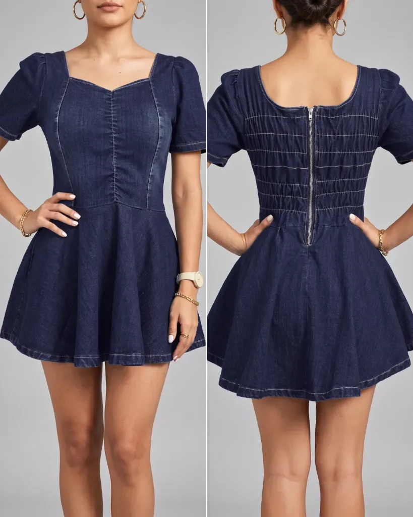 Vestido short strech con elastico fruncido y mangas
