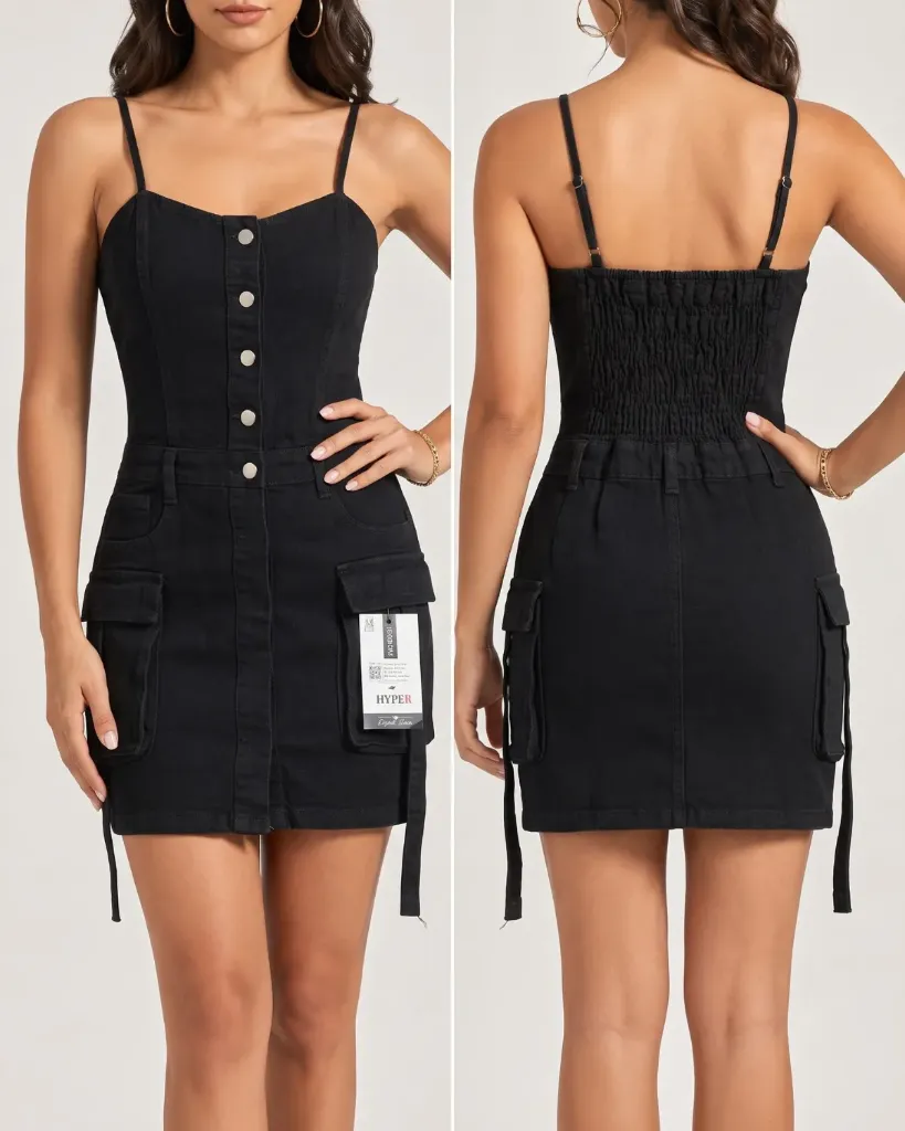 Vestido short cargo strech con elastico fruncido