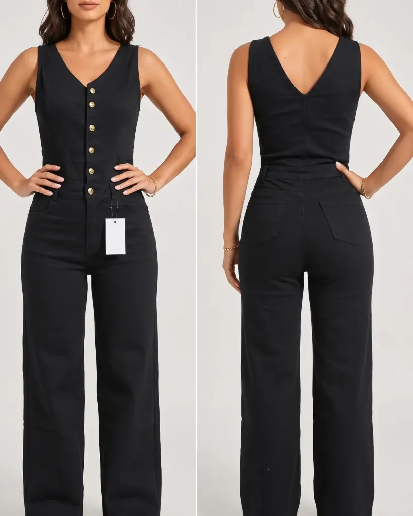 Enterizo jeans strech con cuello en V y botonadura