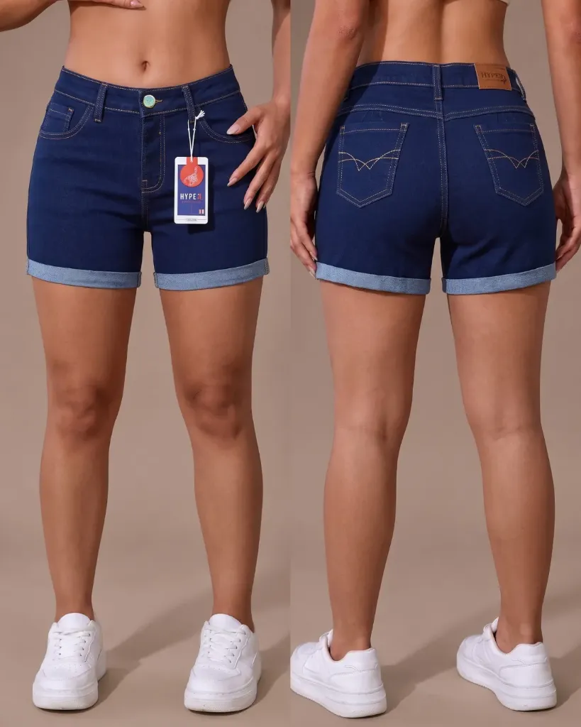 [HJ-003206-6-AZUL-2] short strech llano de 1 botón con dobladillo (6, Azul #2)