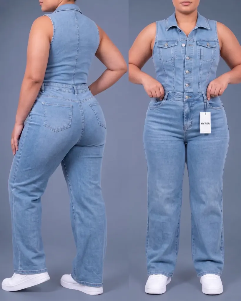 [HJ-003205-18-CELESTE] Enterizo jeans strech plus con cuello y botonadura (Celeste)