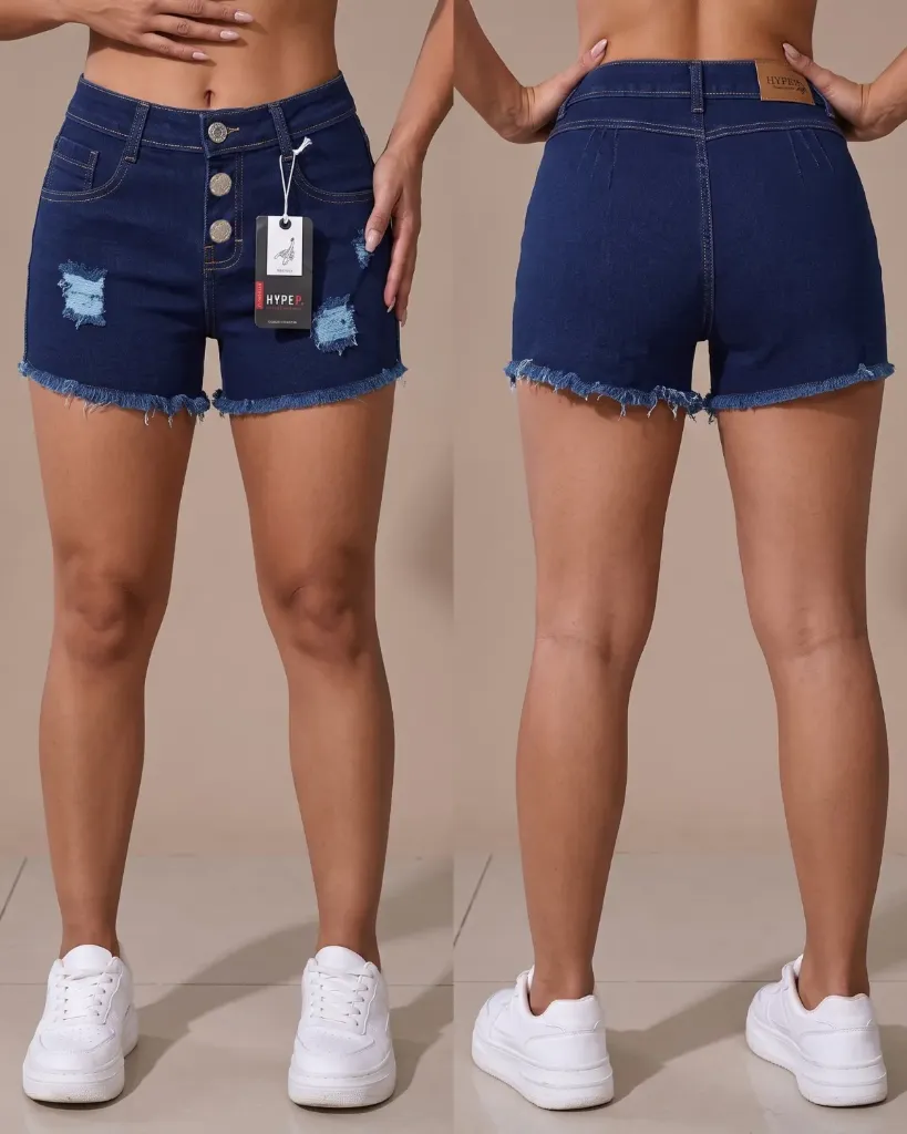 [HJ-003224-10-AZUL-3] Short strech rasgado de 3 botones con basta deshilachada (Azul #3)