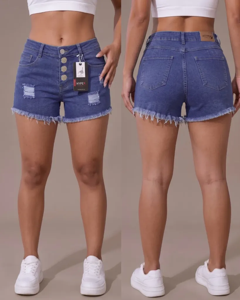 [HJ-003225-10-AZUL-4] Short strech rasgado de 4 botones con basta deshilachada