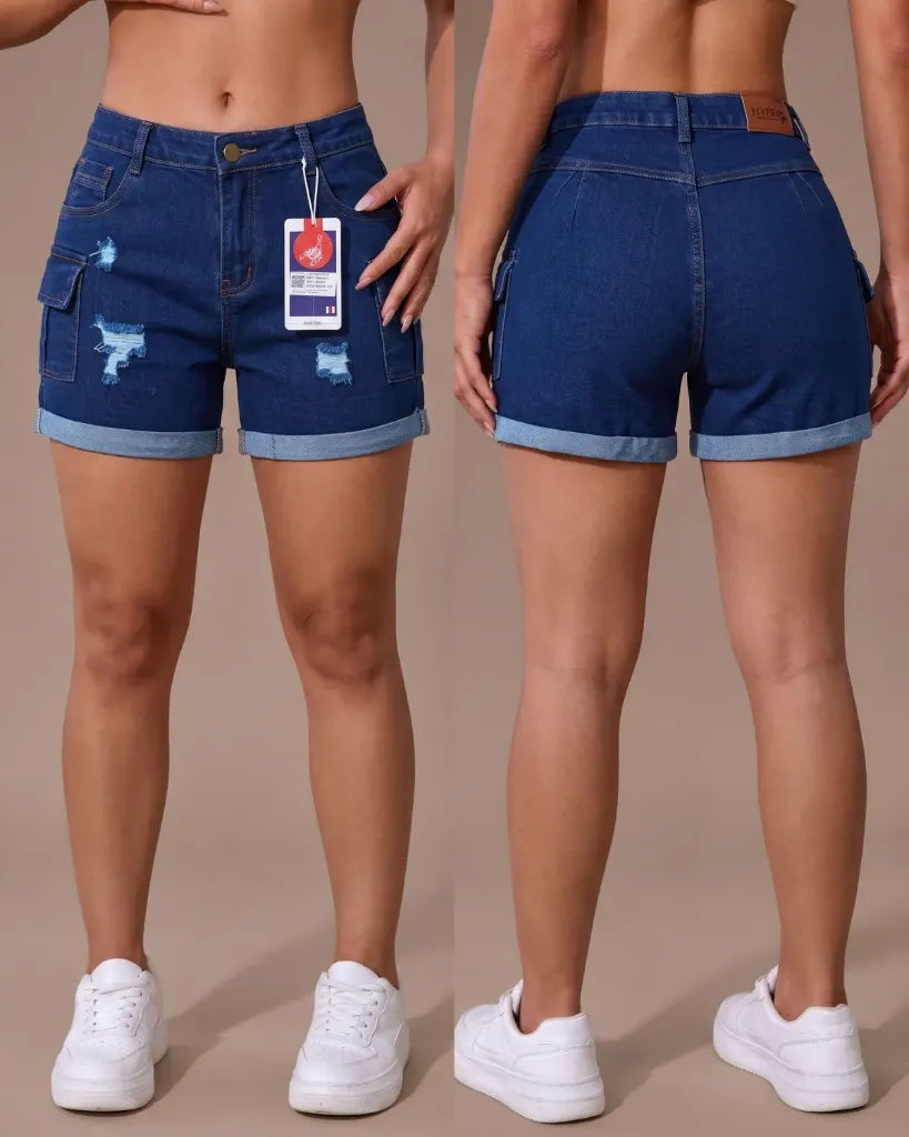 [HJ-003231-6-AZUL-3] Short strech rasgado cargo con dobladillo (6, Azul #3)