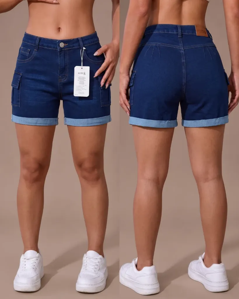[HJ-003233-6-AZUL-3] Short strech bigotes cargo con dobladillo (6, Azul #3)