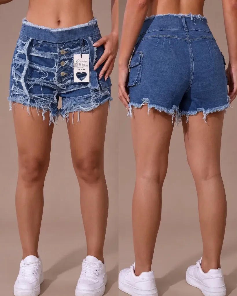 [HJ-003236-10-AZUL-MEDIO] Short strech cargo deshilachado de 4 botones (10, Azul medio)