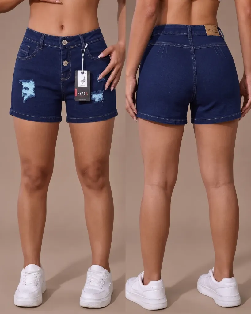 [HJ-003216-6-AZUL-3] Short strech rasgado de 2 botones levanta cola (6, Azul #3)