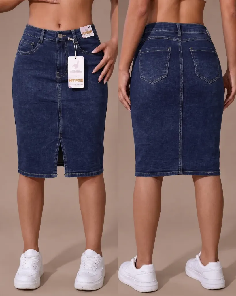 Maxifalda jeans strech llana con abertura recta