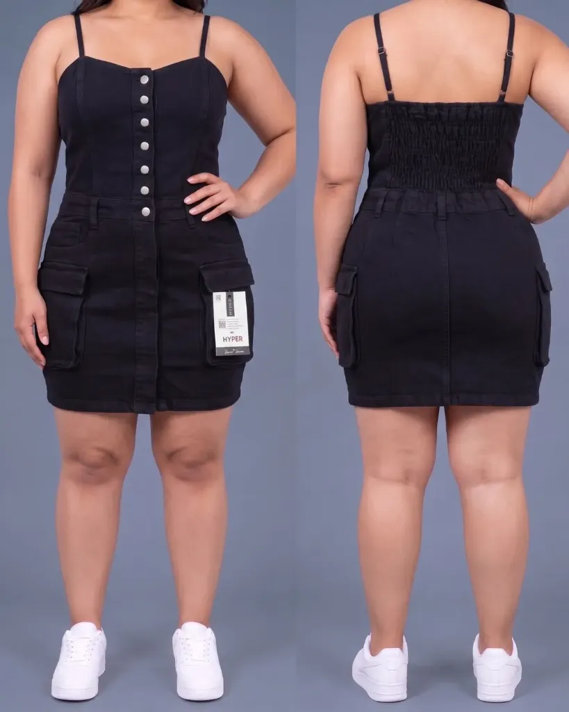 [HJ-003307-18-NEGRO] Vestido short cargo strech plus con elastico fruncido (Negro)