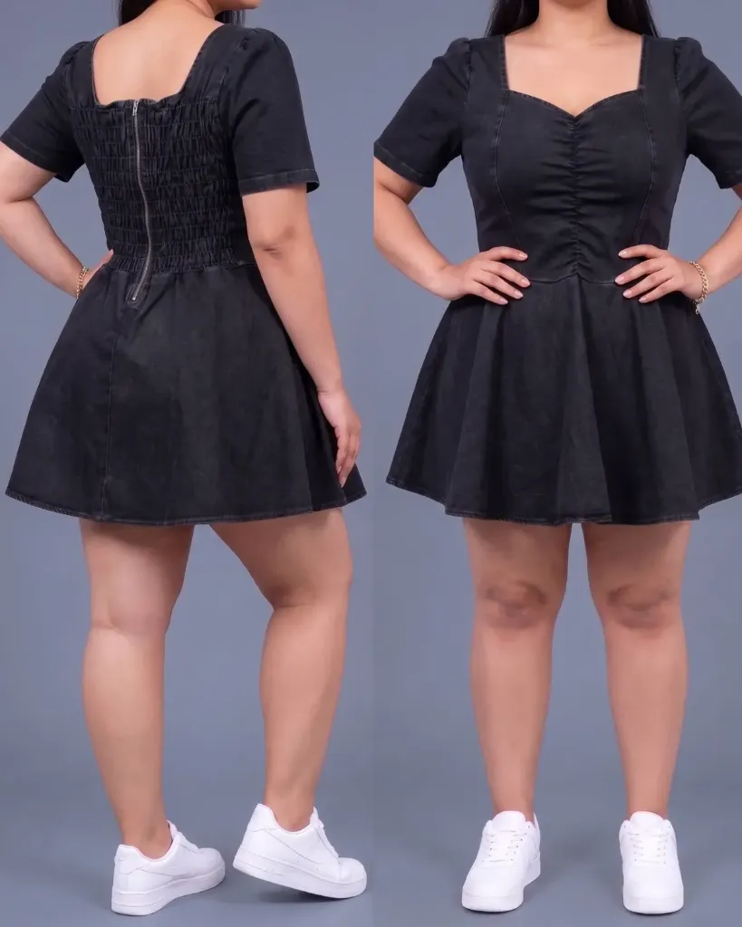 [HJ-003310-18-NEGRO] Vestido short strech plus con elastico fruncido y mangas (Negro)