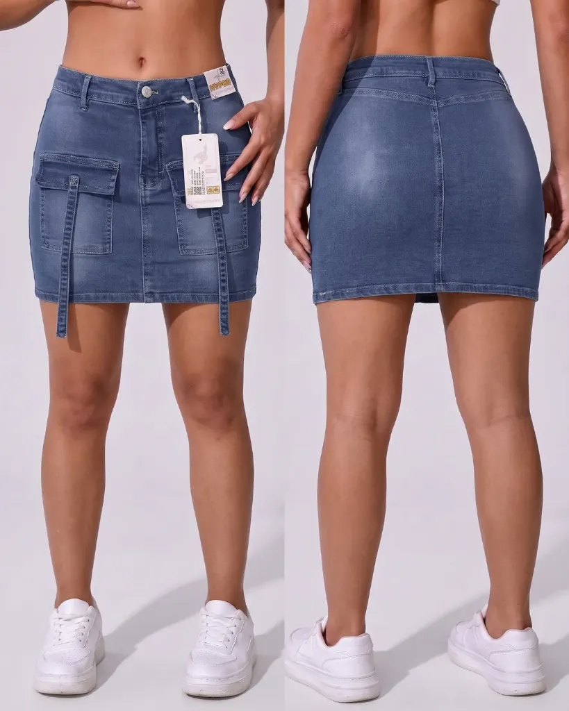 [HJ-003320-10-CELESTE] Falda short strech de bolsillos delanteros con tiras (10, Celeste)