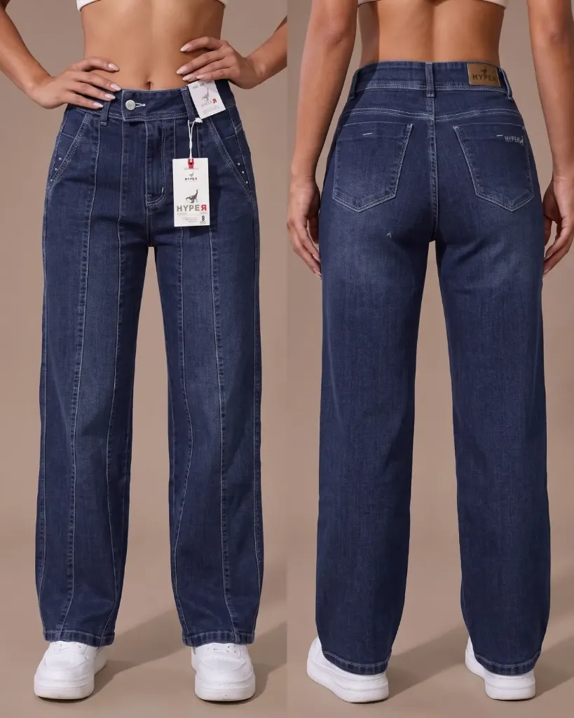 Wide leg strech tiro alto con costuras frontales