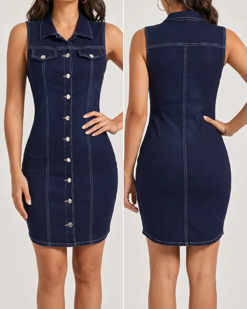 Vestido strech con cuello y falso bosillo